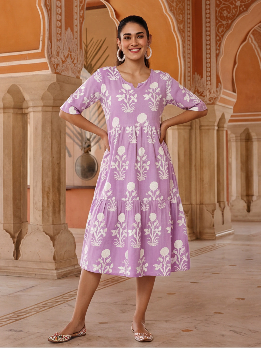 Floral Printed A-Line Tiered Ethnic Dress