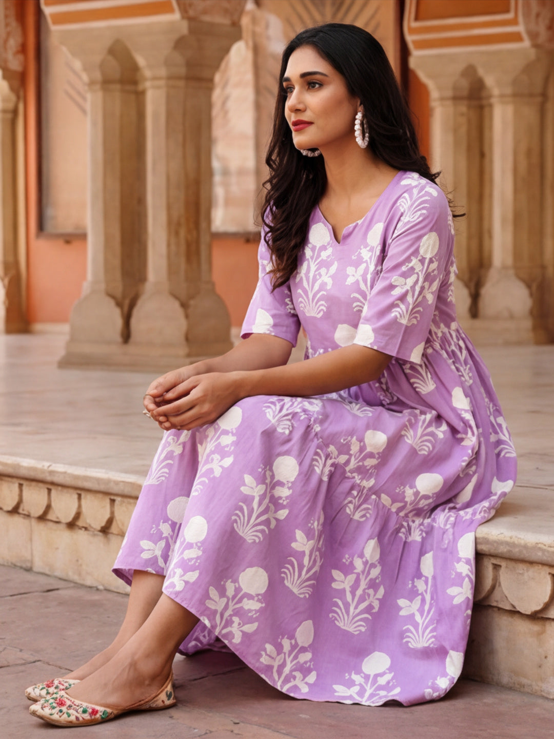 Floral Printed A-Line Tiered Ethnic Dress