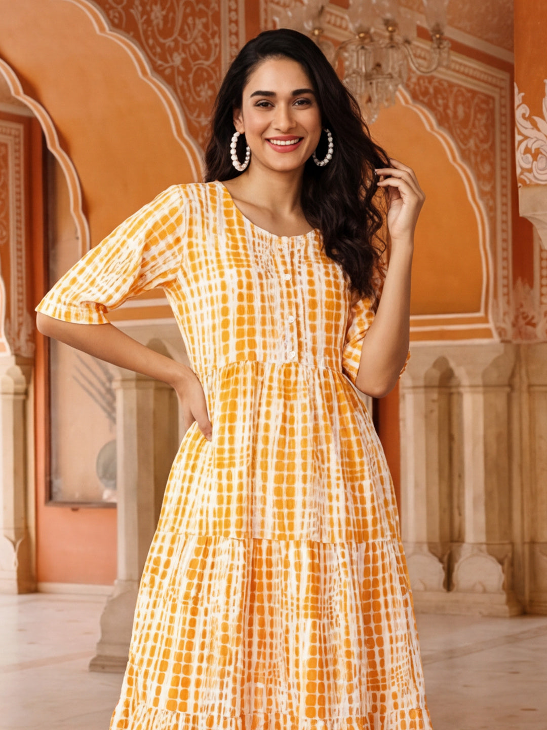 Textured Dyed A-Line Tiered Ethnic Dress