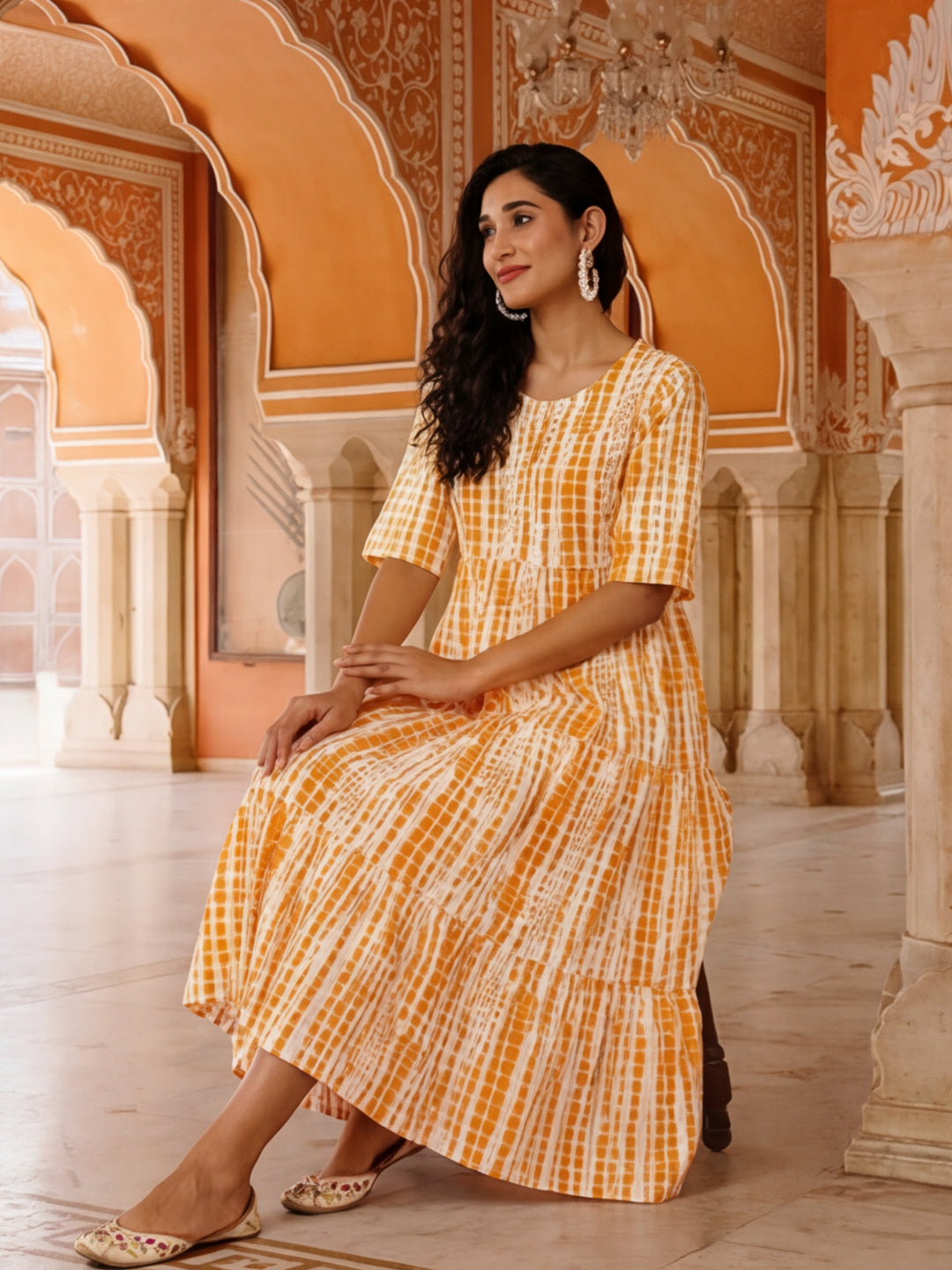 Textured Dyed A-Line Tiered Ethnic Dress