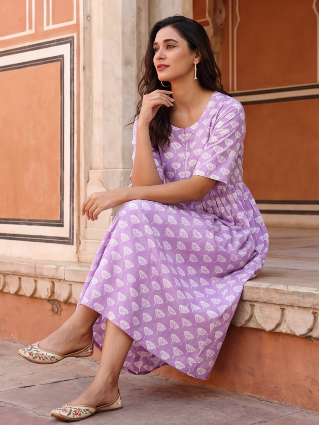 Floral Printed A-Line Panelled Ethnic Dress
