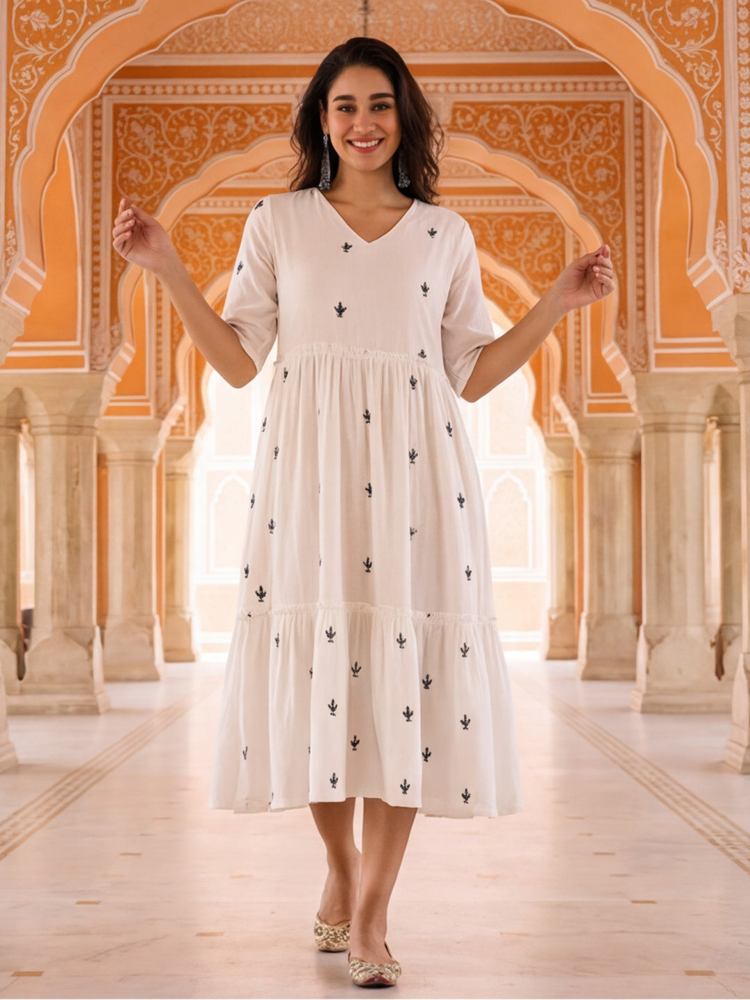 Floral Embroidered A-Line Tiered Ethnic Dress | Ethnic Dresses For Women