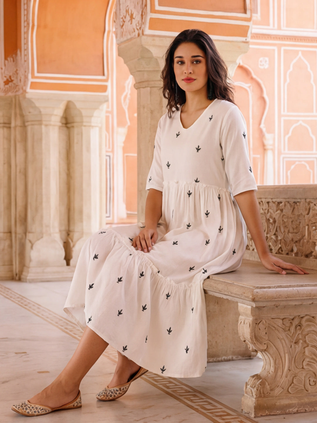 Floral Embroidered A-Line Tiered Ethnic Dress