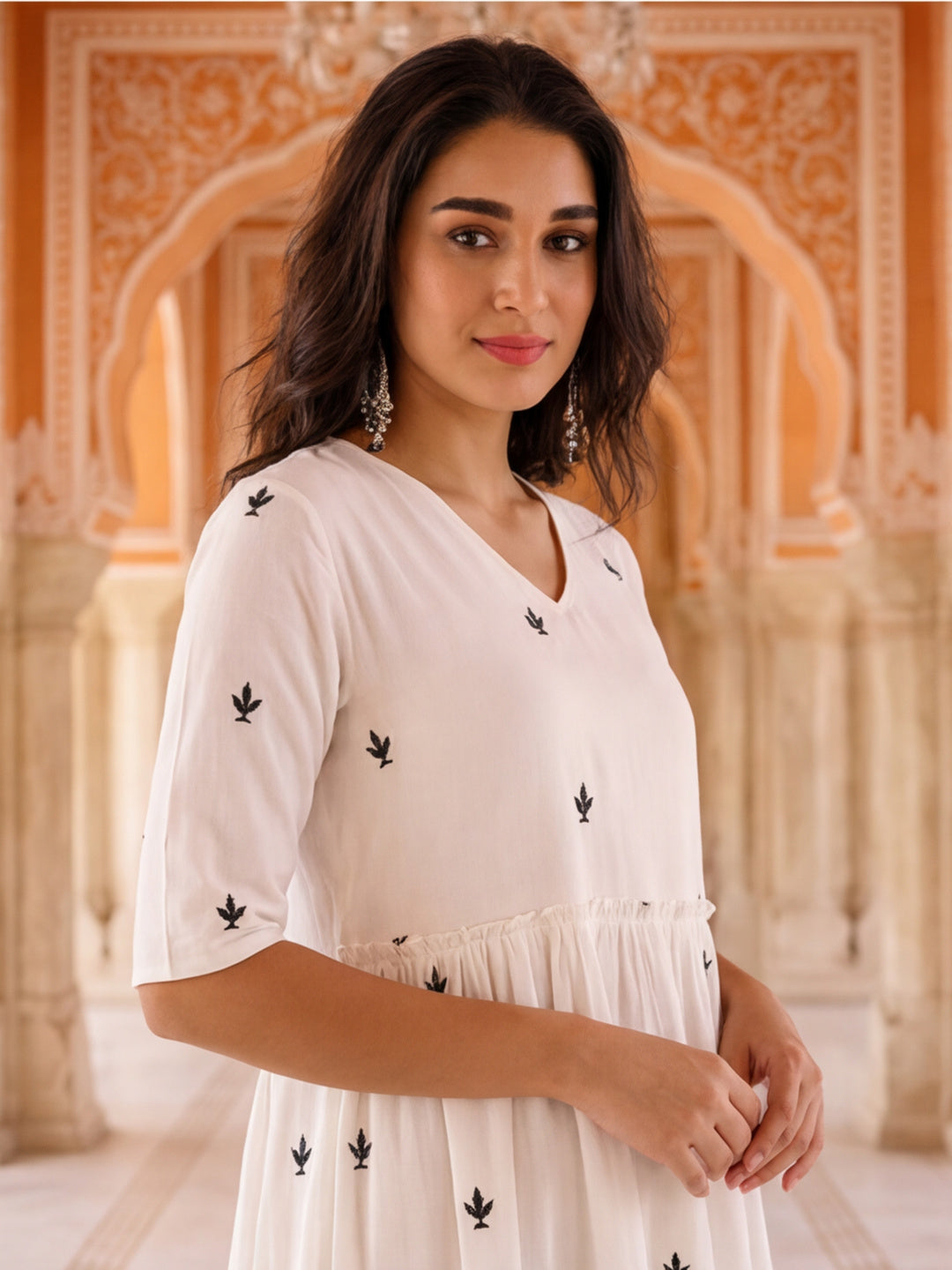 Floral Embroidered A-Line Tiered Ethnic Dress