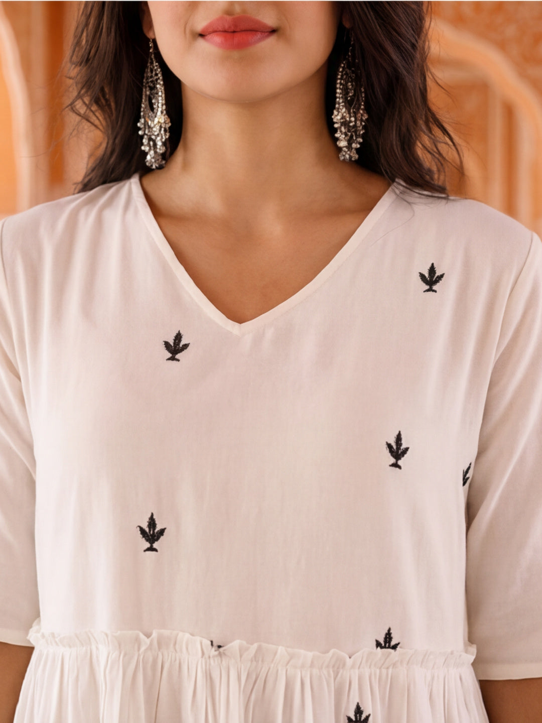 Floral Embroidered A-Line Tiered Ethnic Dress