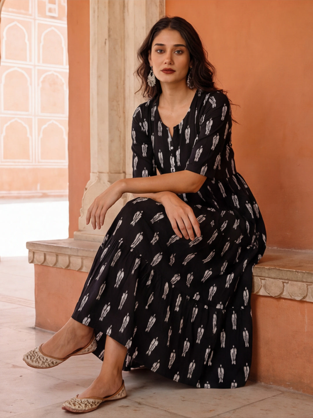 Floral Printed A-Line Tiered Ethnic Dress