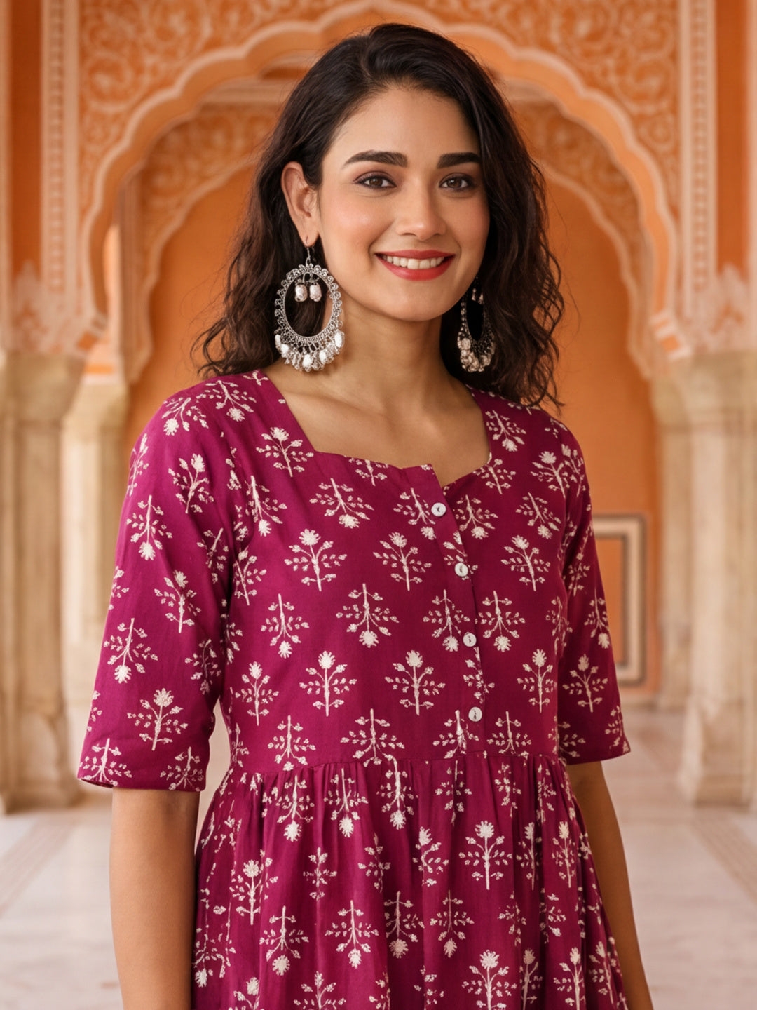 Floral Printed A-Line Tiered Ethnic Dress