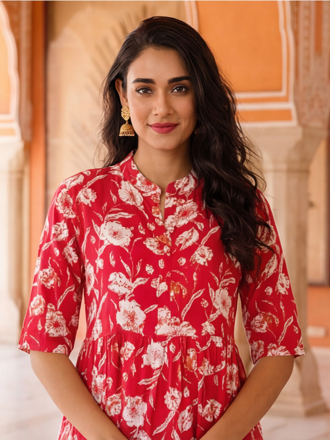 Floral Printed A-Line Tiered Ethnic Dress