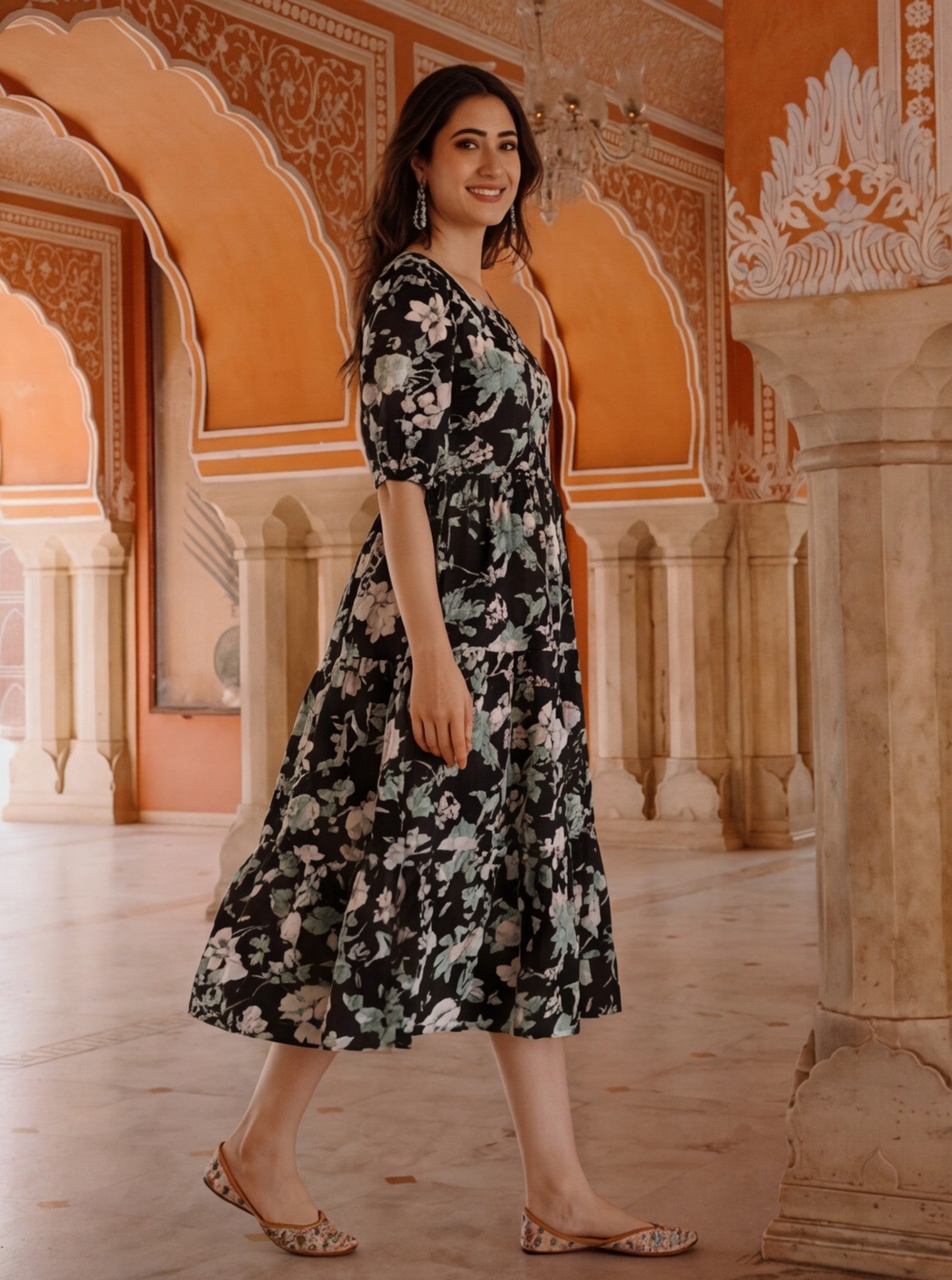 Floral Printed Tiered Ethnic Dress