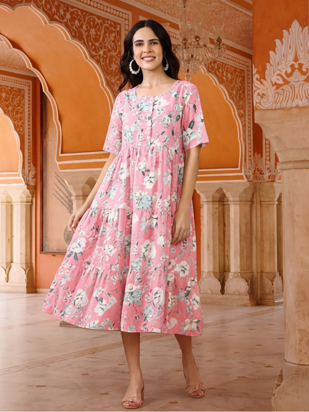 ethnic pink floral dress Floral Printed A-Line Ethnic Dress | Ethnic Dresses For Women