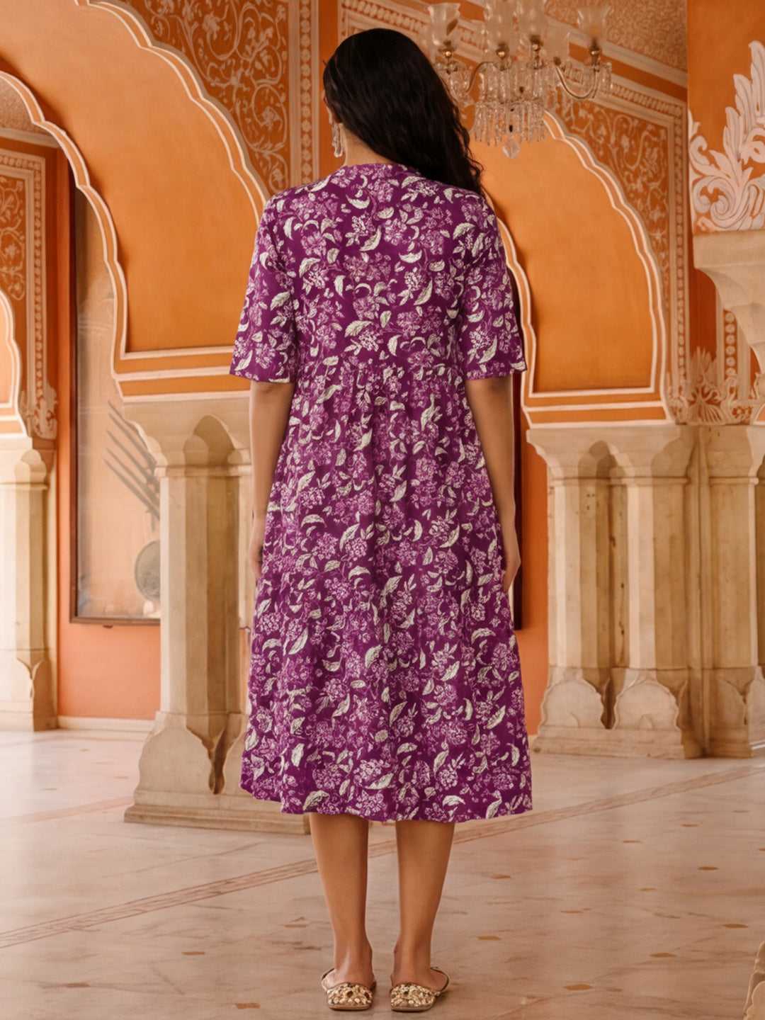 Floral Printed A-Line Panelled Ethnic Dress
