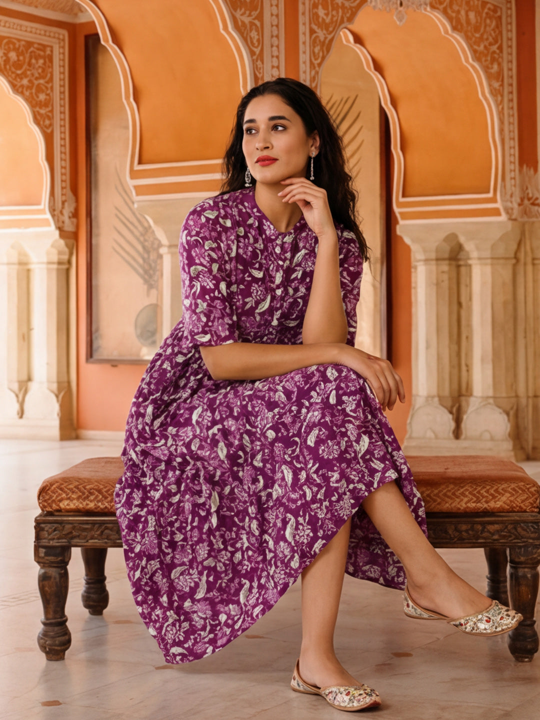 Floral Printed A-Line Panelled Ethnic Dress