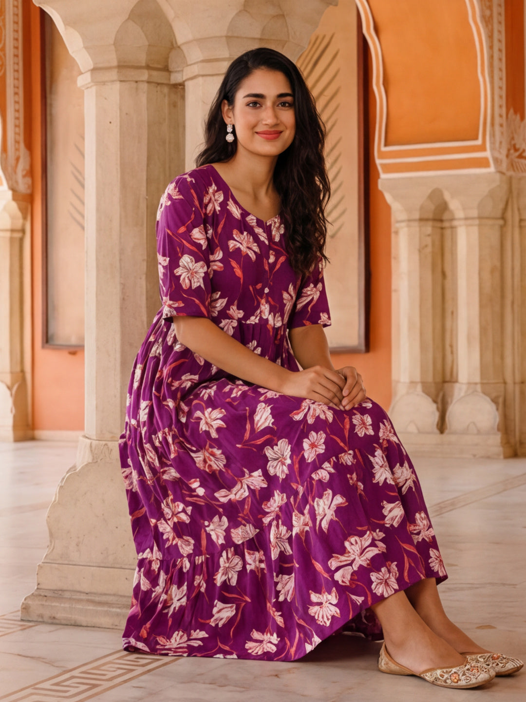 Floral Printed A-Line Tiered Ethnic Dress