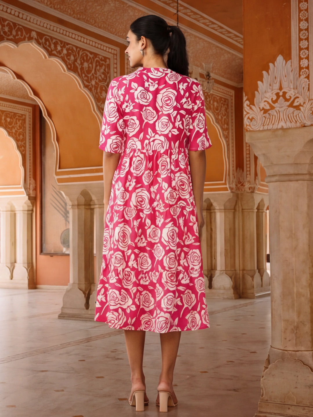 Floral Printed A-Line Tiered Ethnic Dress