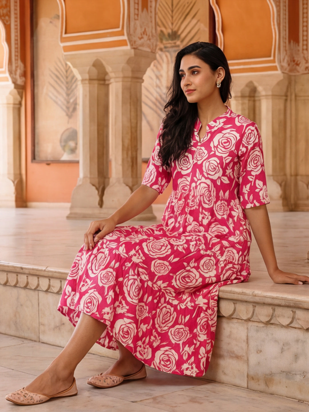 Floral Printed A-Line Tiered Ethnic Dress