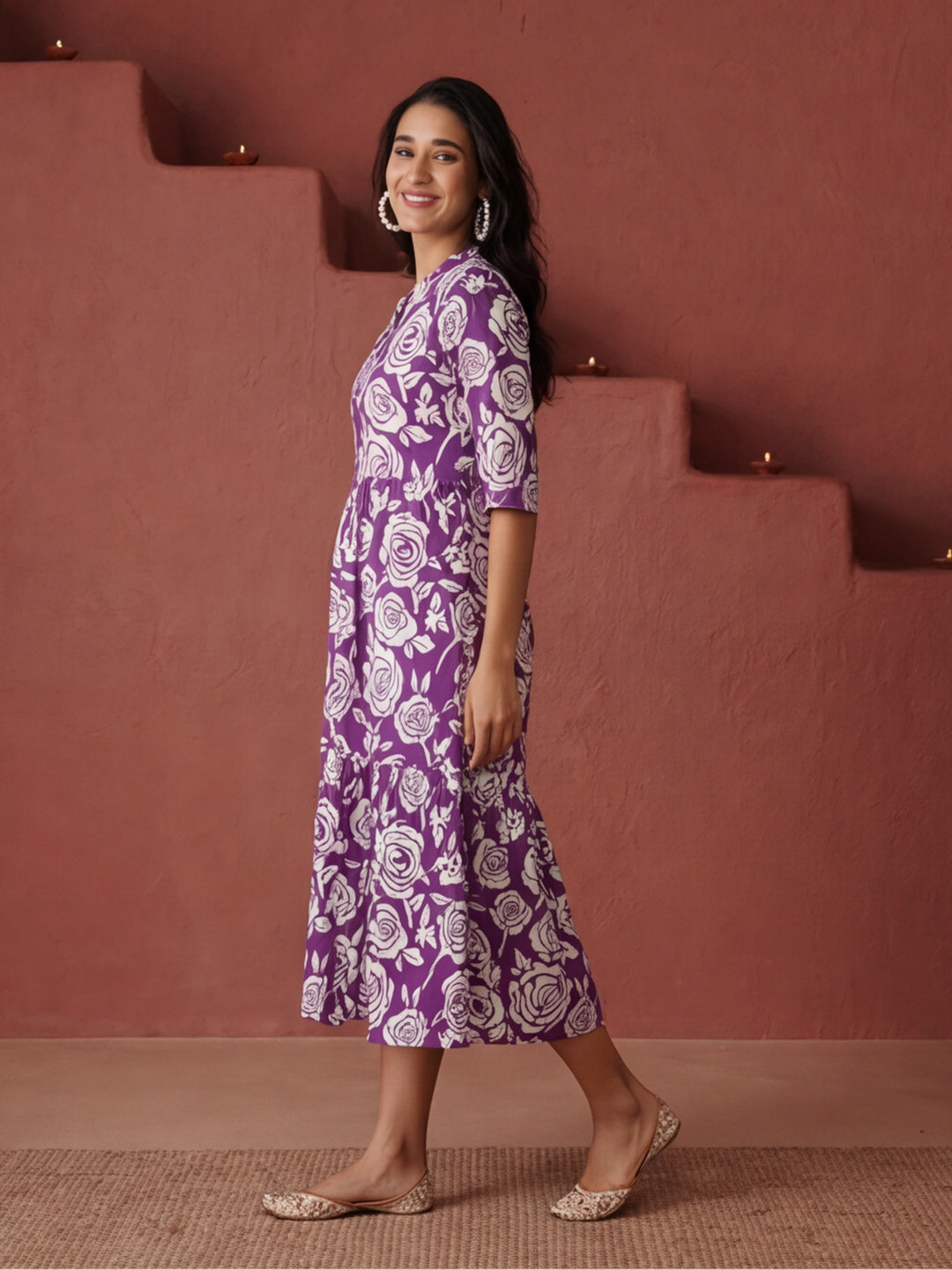 Floral Printed A-Line Tiered Ethnic Dress