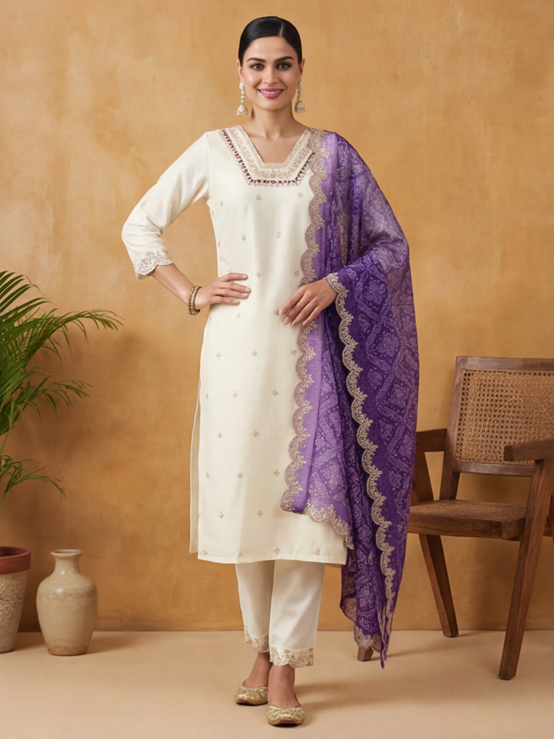 Floral Embroidered Straight Kurta & Trousers Sets