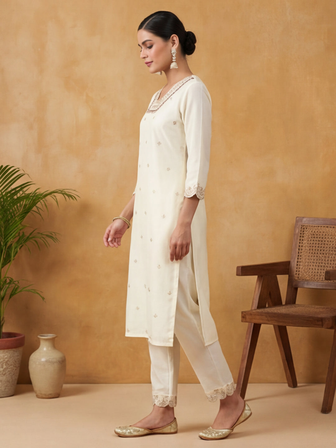 Floral Embroidered Straight Kurta & Trousers Sets