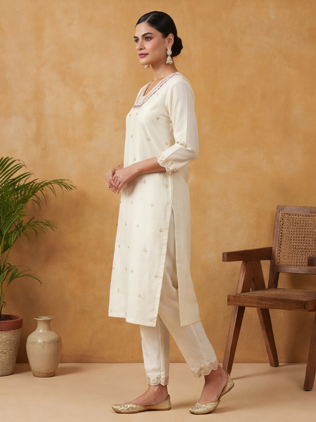 Floral Embroidered Straight Kurta & Trousers Sets