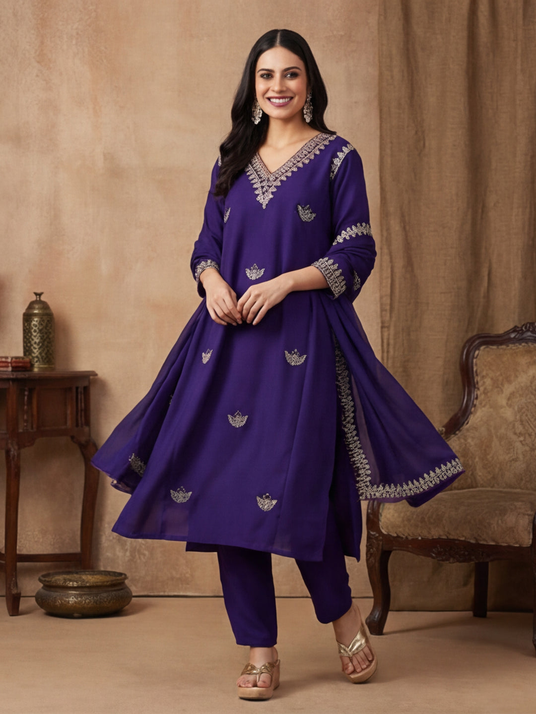 Floral Embroidered Straight Kurta & Trousers Sets