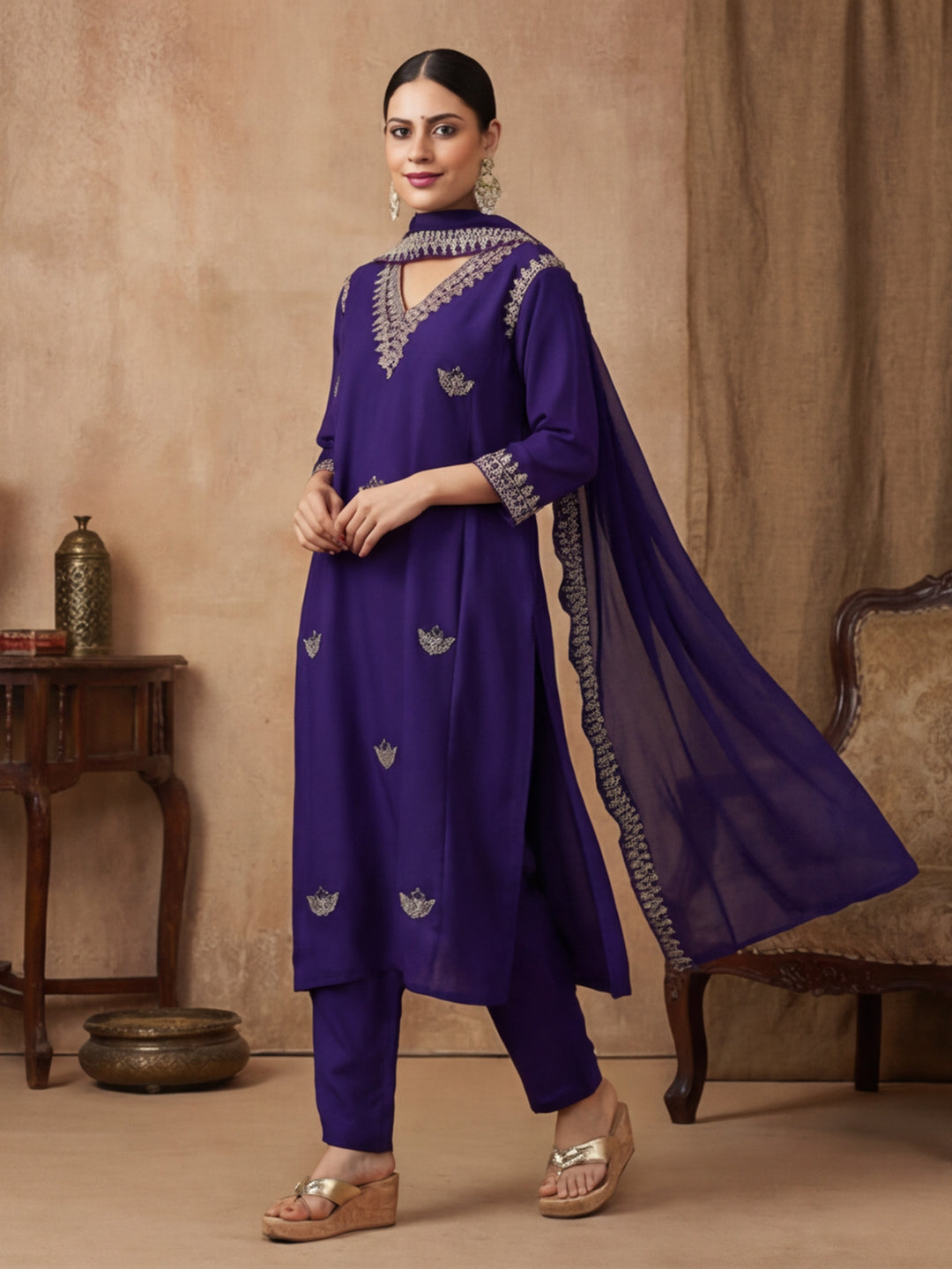 Floral Embroidered Straight Kurta & Trousers Sets