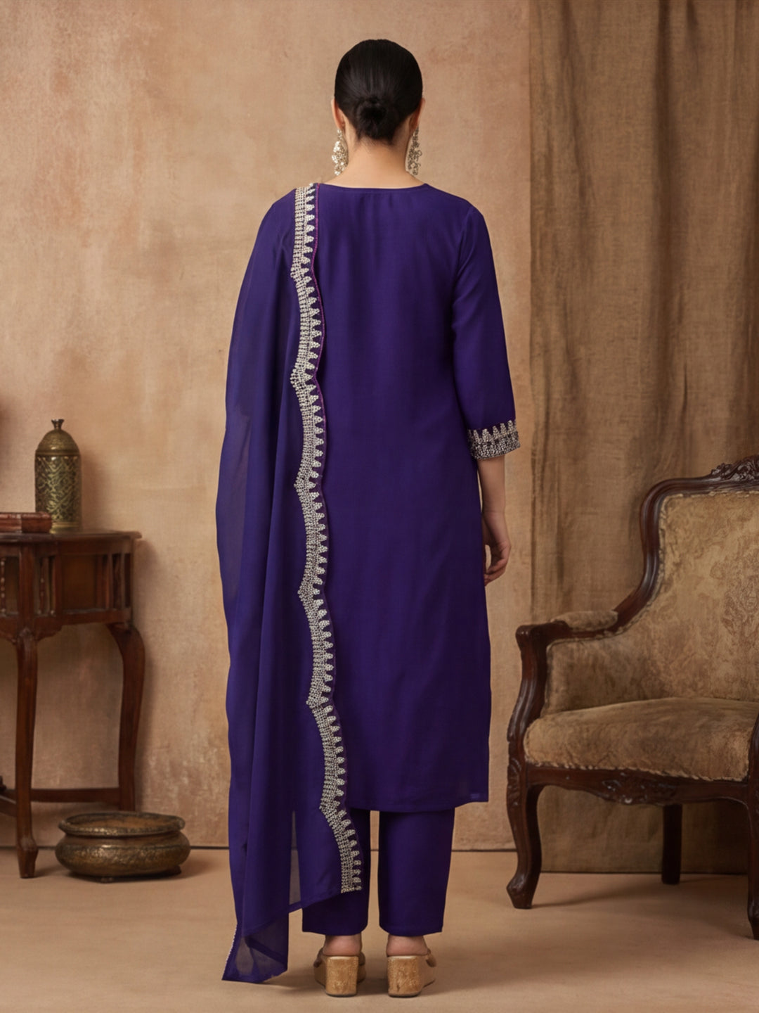 Floral Embroidered Straight Kurta & Trousers Sets