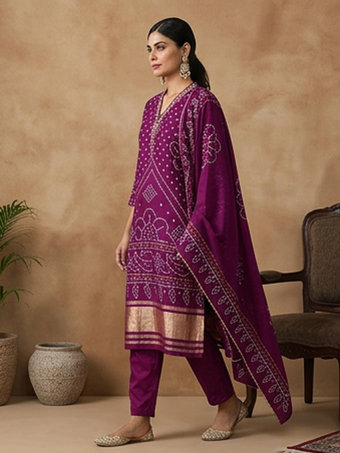 Bandhani Embroidered Straight Kurta & Trousers Sets