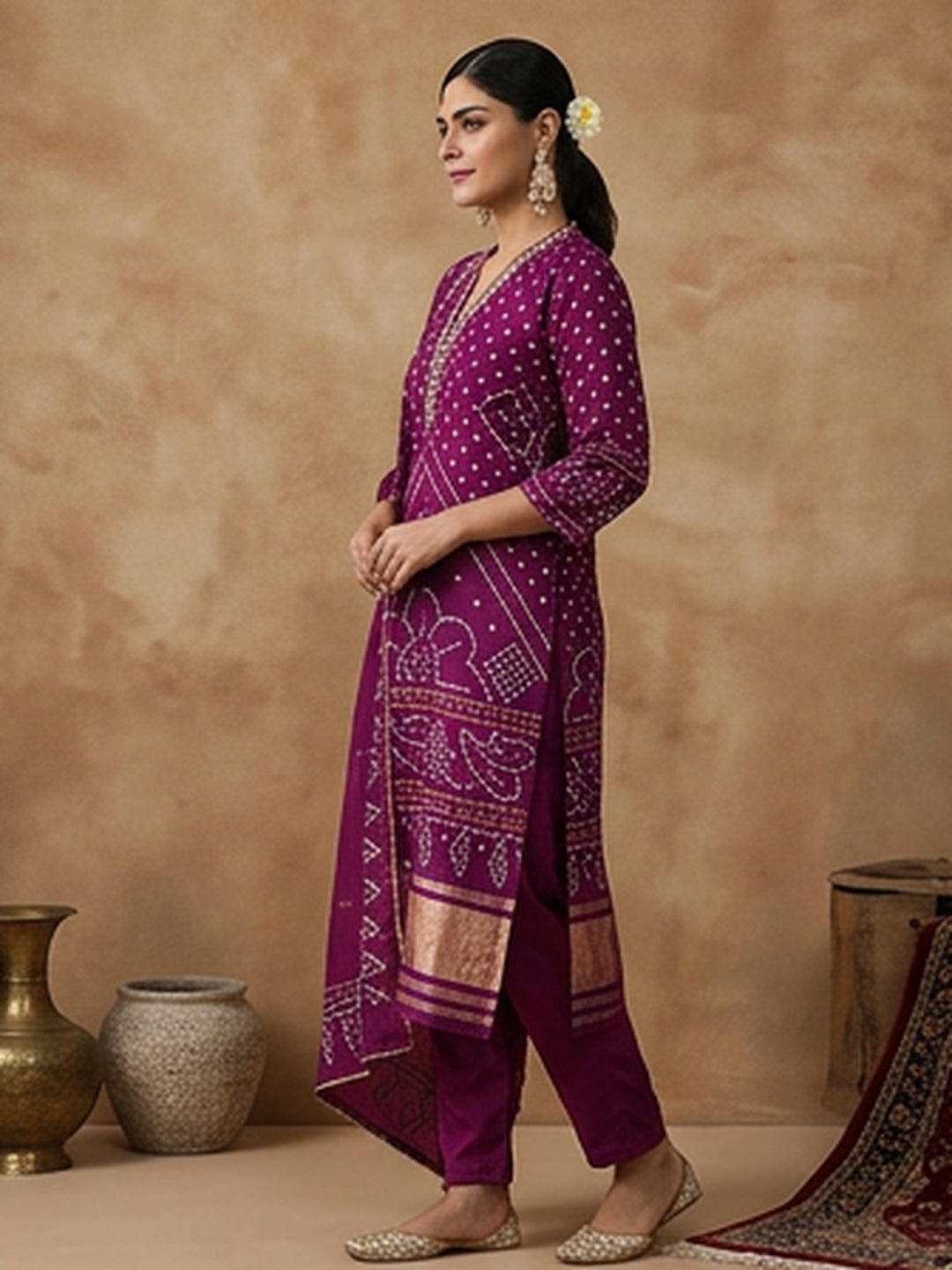 Bandhani Embroidered Straight Kurta & Trousers Sets