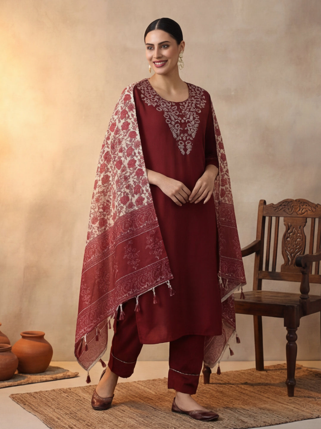 Solid Embroidered Straight Kurta & Trousers Sets