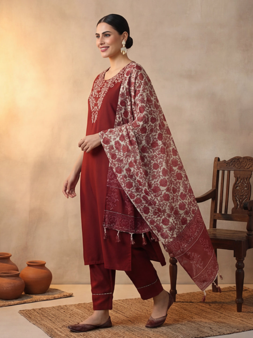 Solid Embroidered Straight Kurta & Trousers Sets