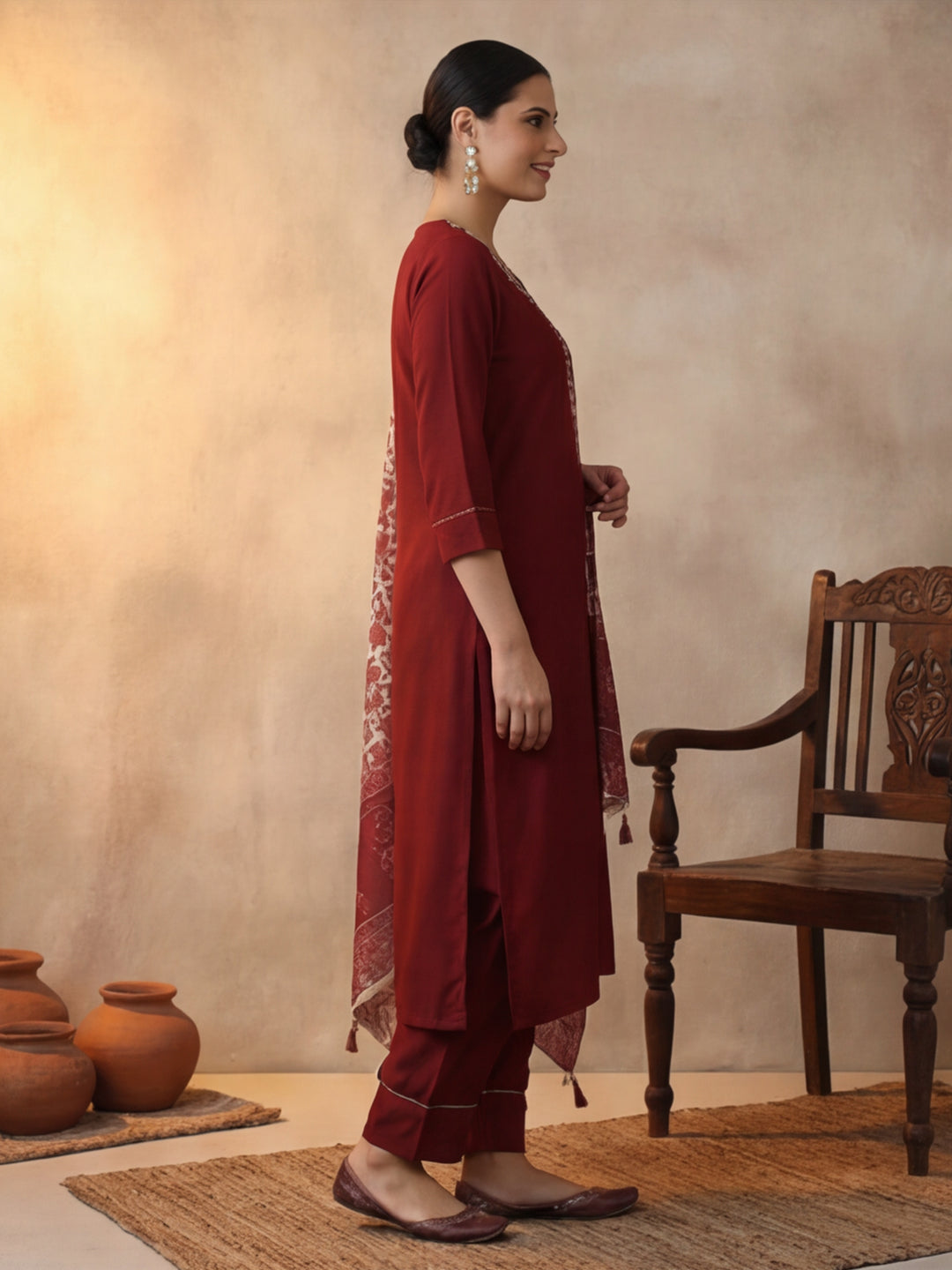 Solid Embroidered Straight Kurta & Trousers Sets