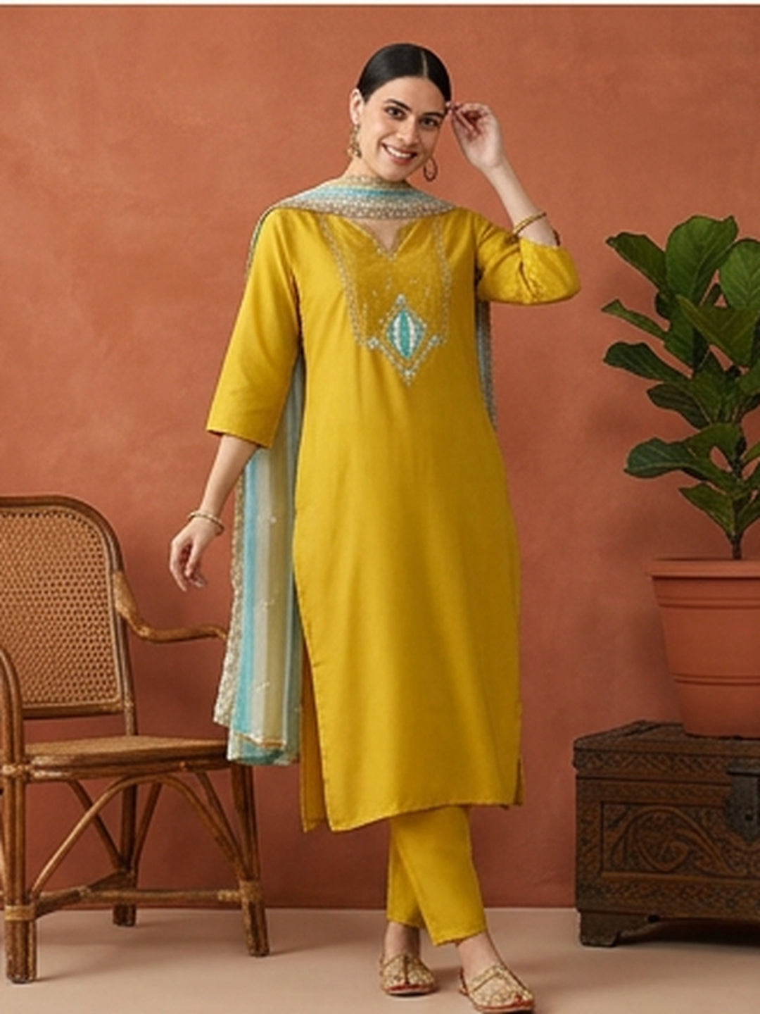 Floral Embroidered Straight Kurta & Trousers Sets