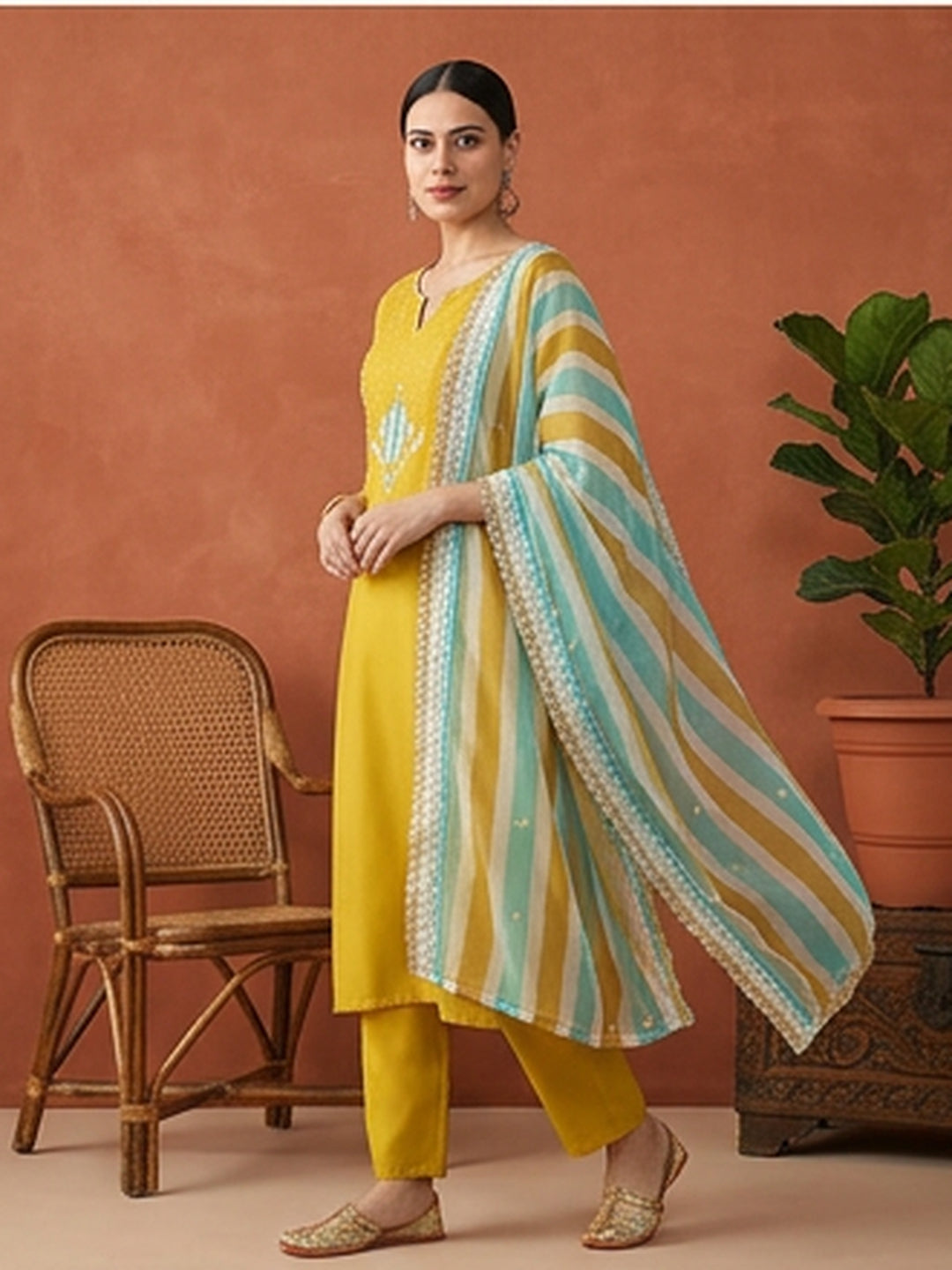 Floral Embroidered Straight Kurta & Trousers Sets
