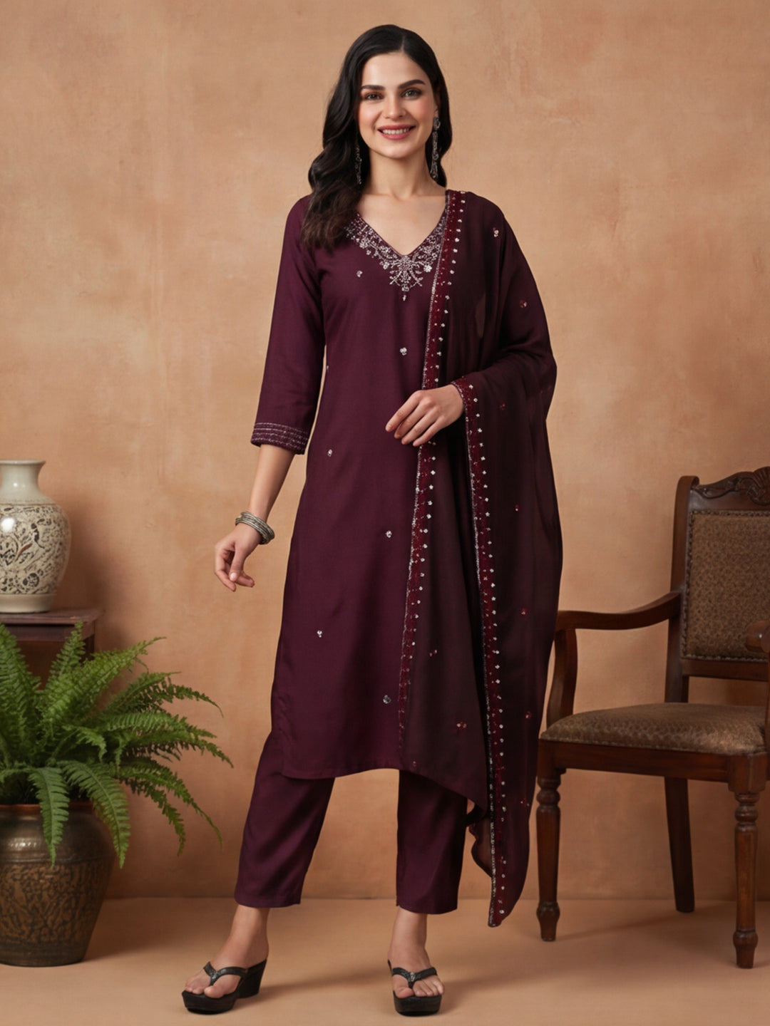 Floral Embroidered Straight Kurta & Trousers Sets