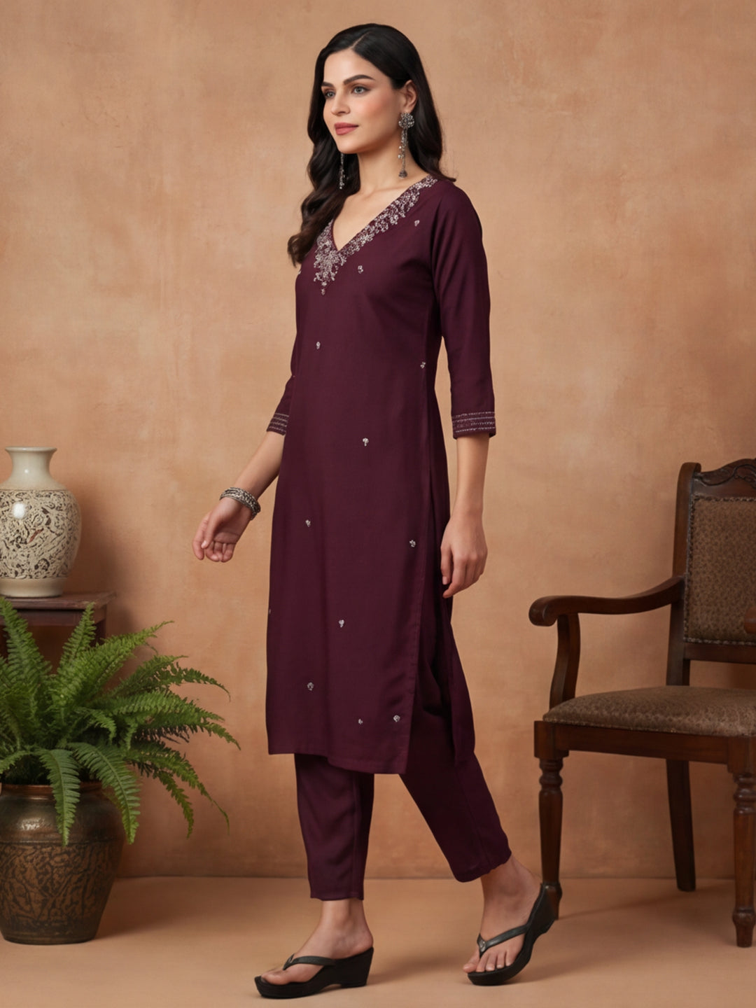Floral Embroidered Straight Kurta & Trousers Sets