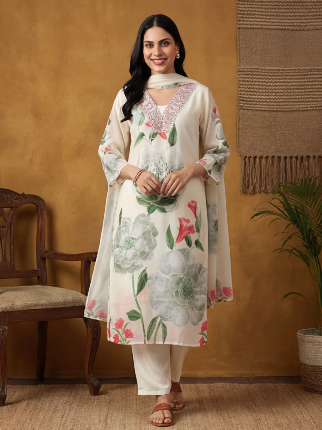 Floral Embroidered Straight Kurta & Trousers Sets