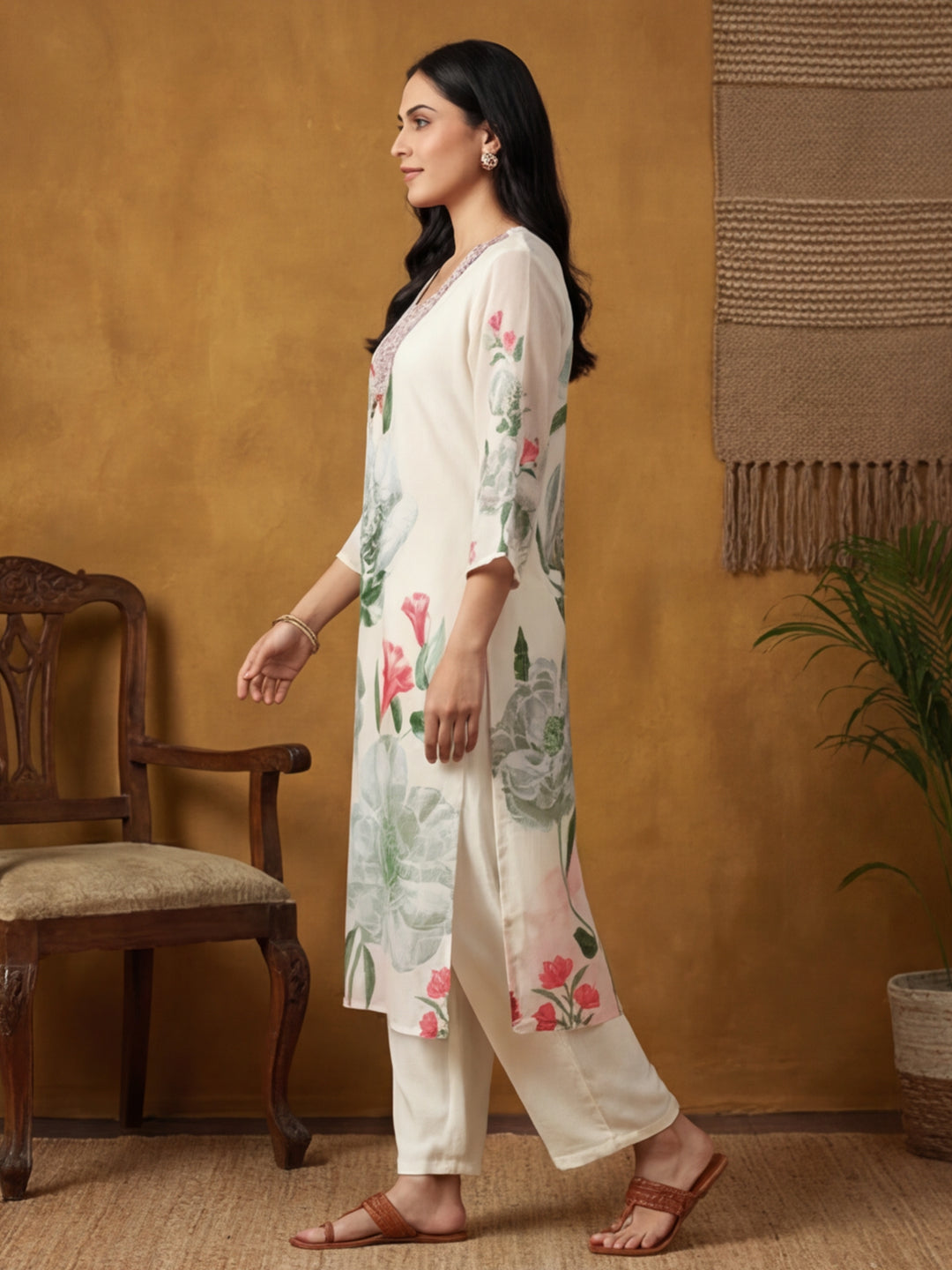 Floral Embroidered Straight Kurta & Trousers Sets