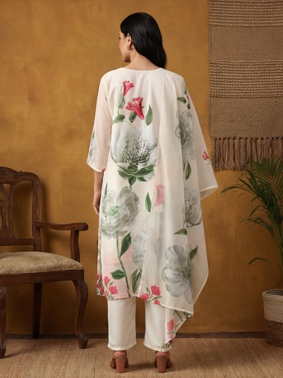 Floral Embroidered Straight Kurta & Trousers Sets