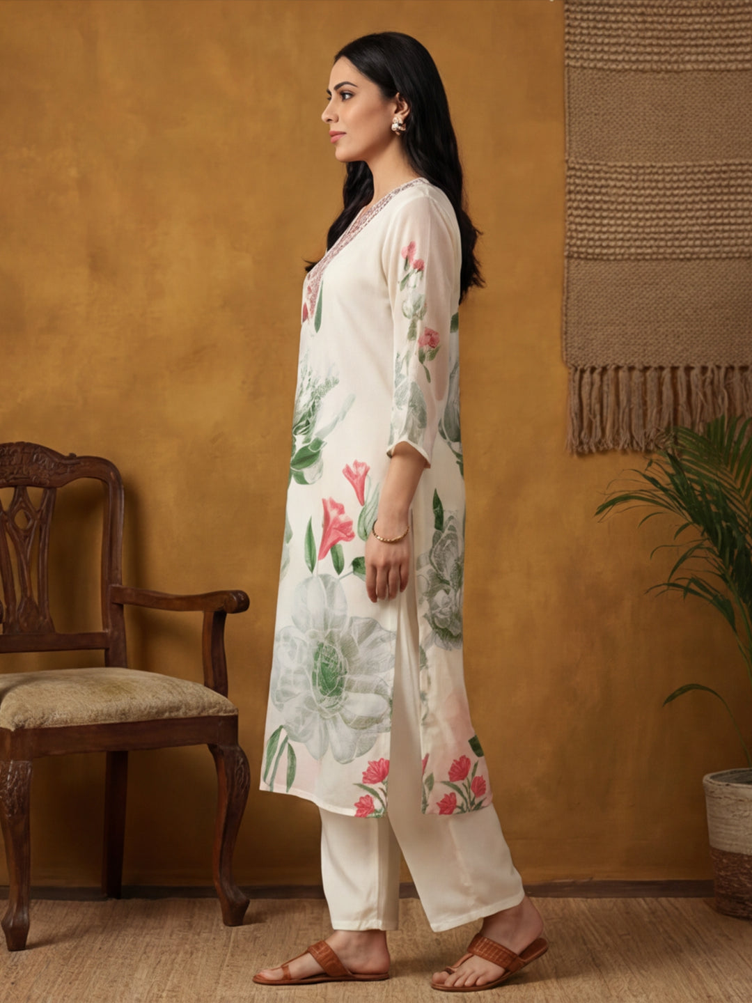 Floral Embroidered Straight Kurta & Trousers Sets