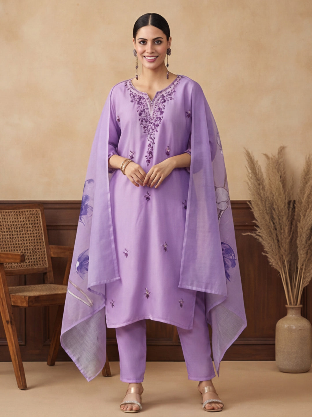 Floral Embroidered Straight Kurta & Trousers Sets
