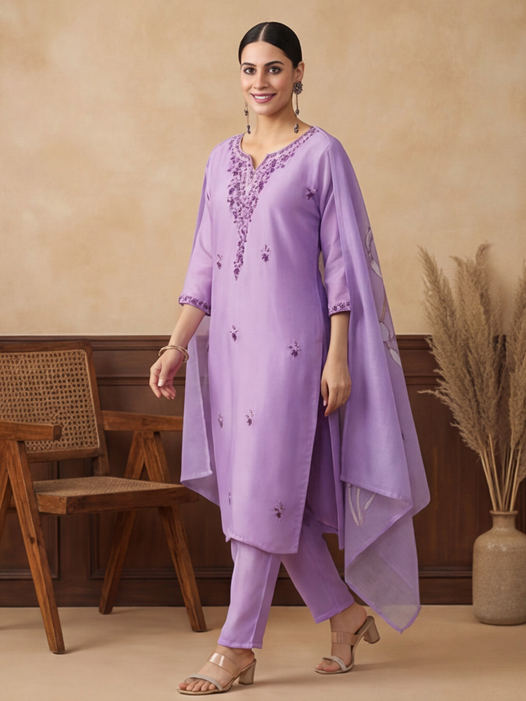Floral Embroidered Straight Kurta & Trousers Sets