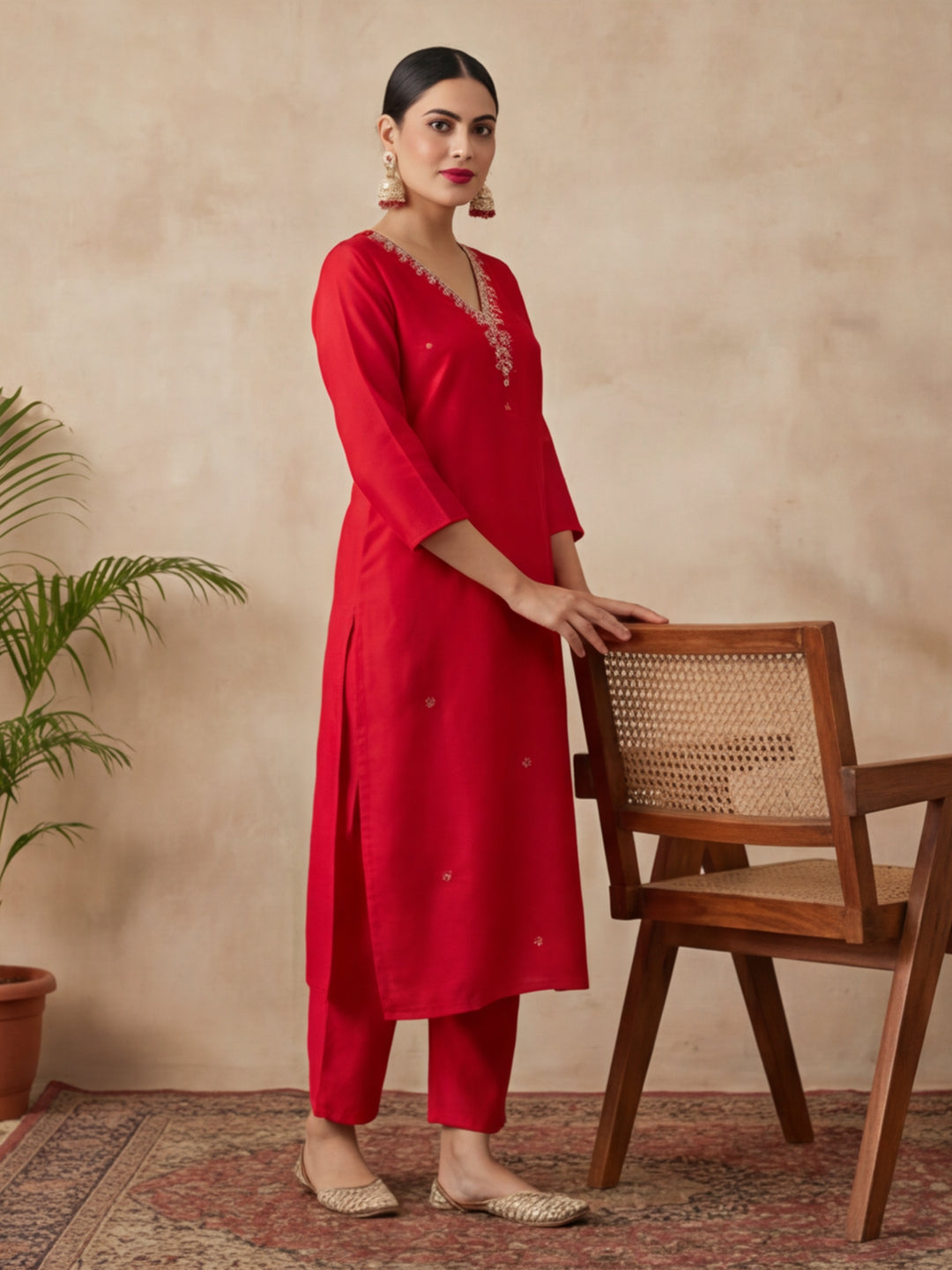 Floral Embroidered Straight Kurta & Trousers Sets