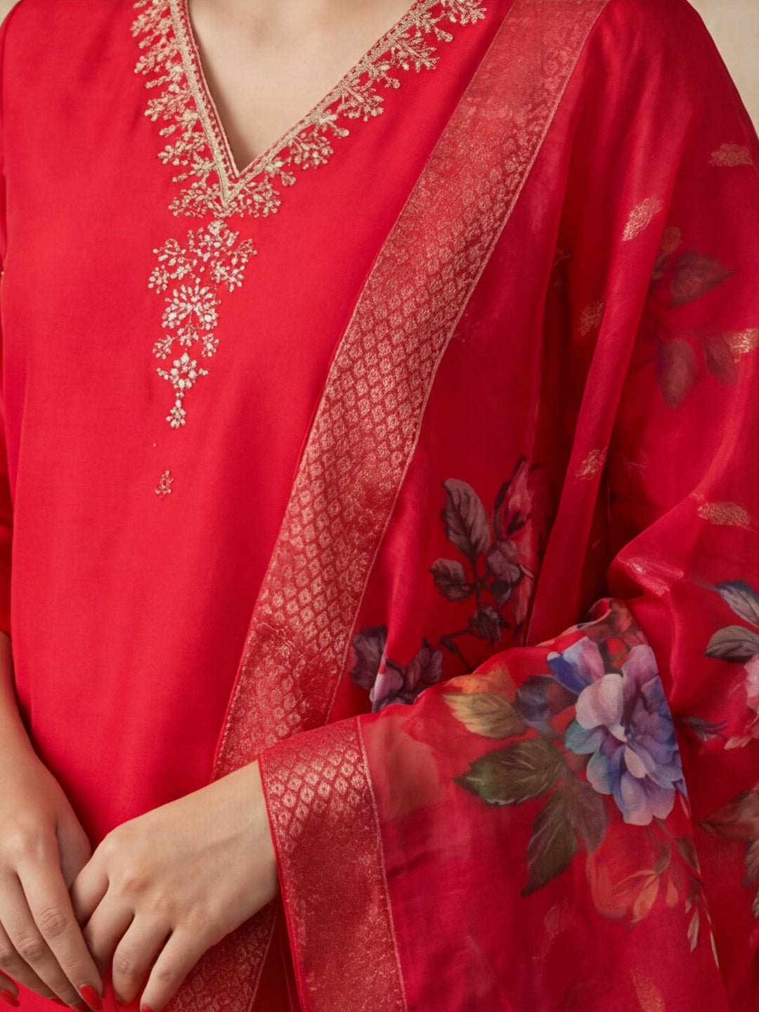 Floral Embroidered Straight Kurta & Trousers Sets