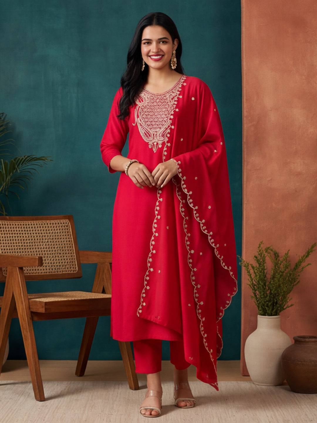 Solid Embroidered Straight Kurta & Trousers Sets