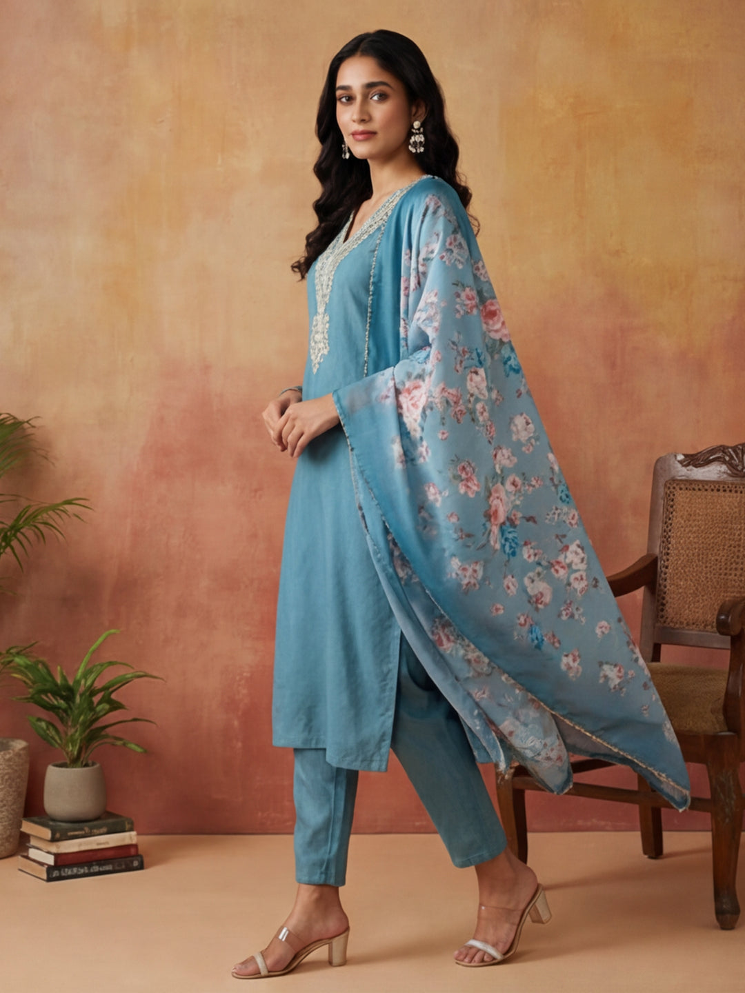 Solid Embroidered Straight Kurta & Trousers Sets