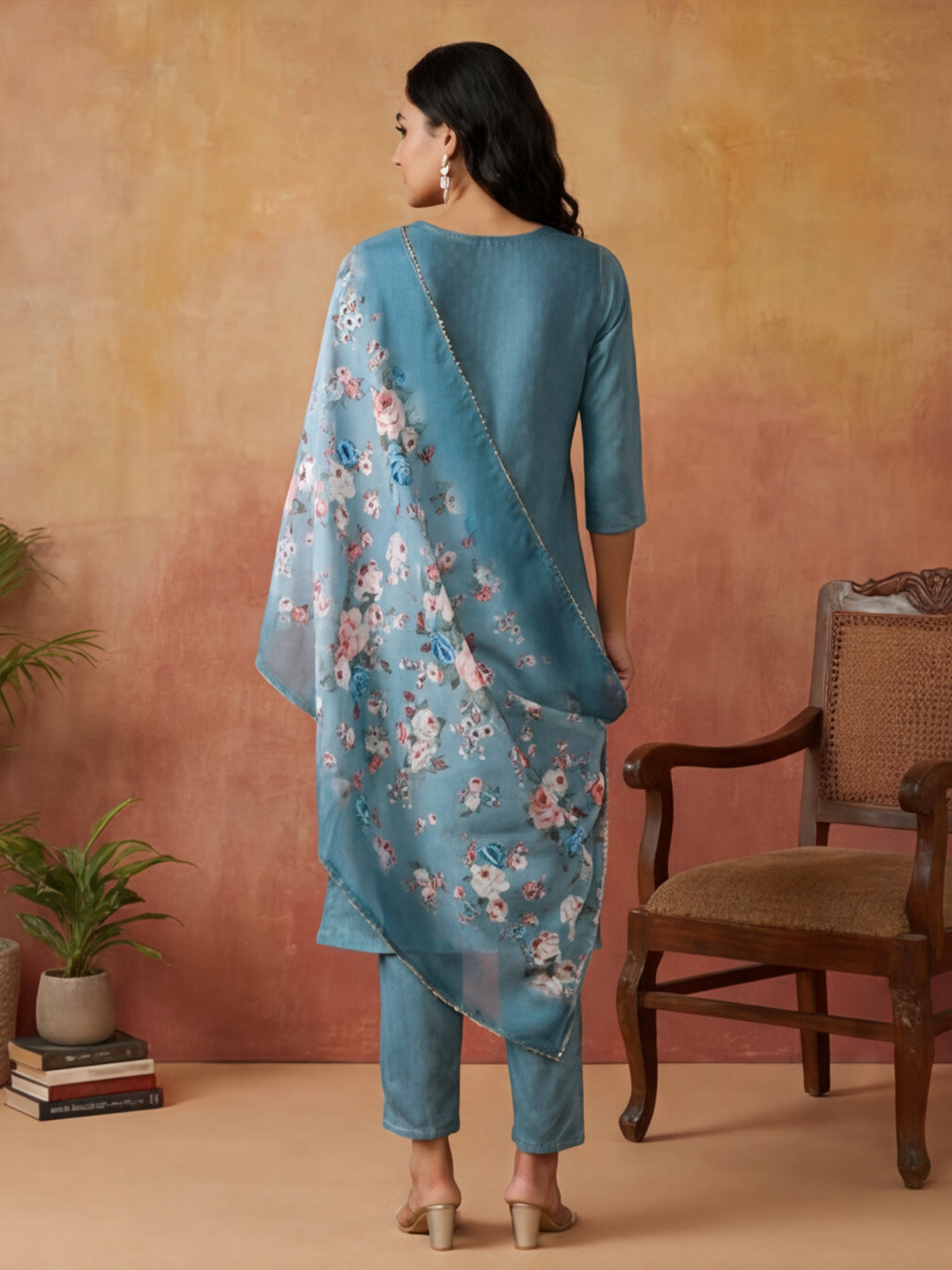 Solid Embroidered Straight Kurta & Trousers Sets