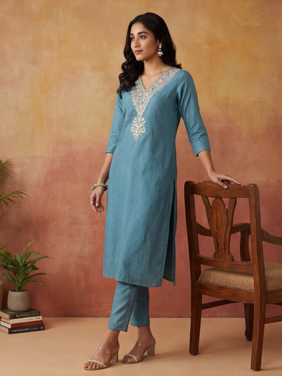 Solid Embroidered Straight Kurta & Trousers Sets