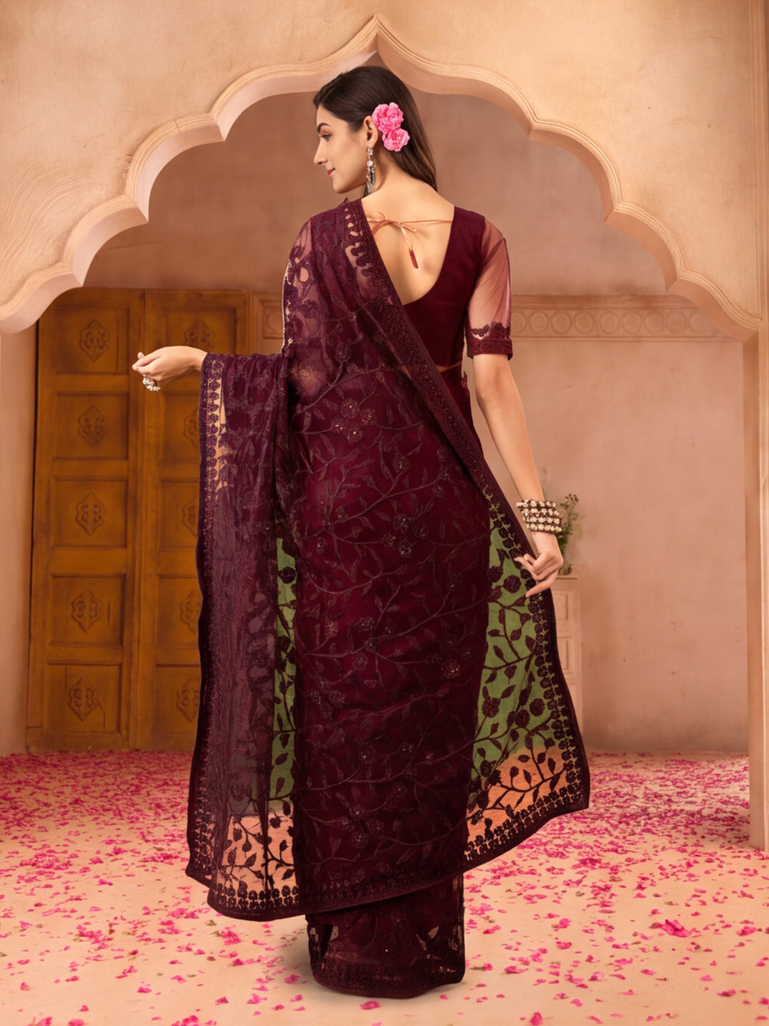 Burgundy Embroidered Work Net Saree with Floral Design