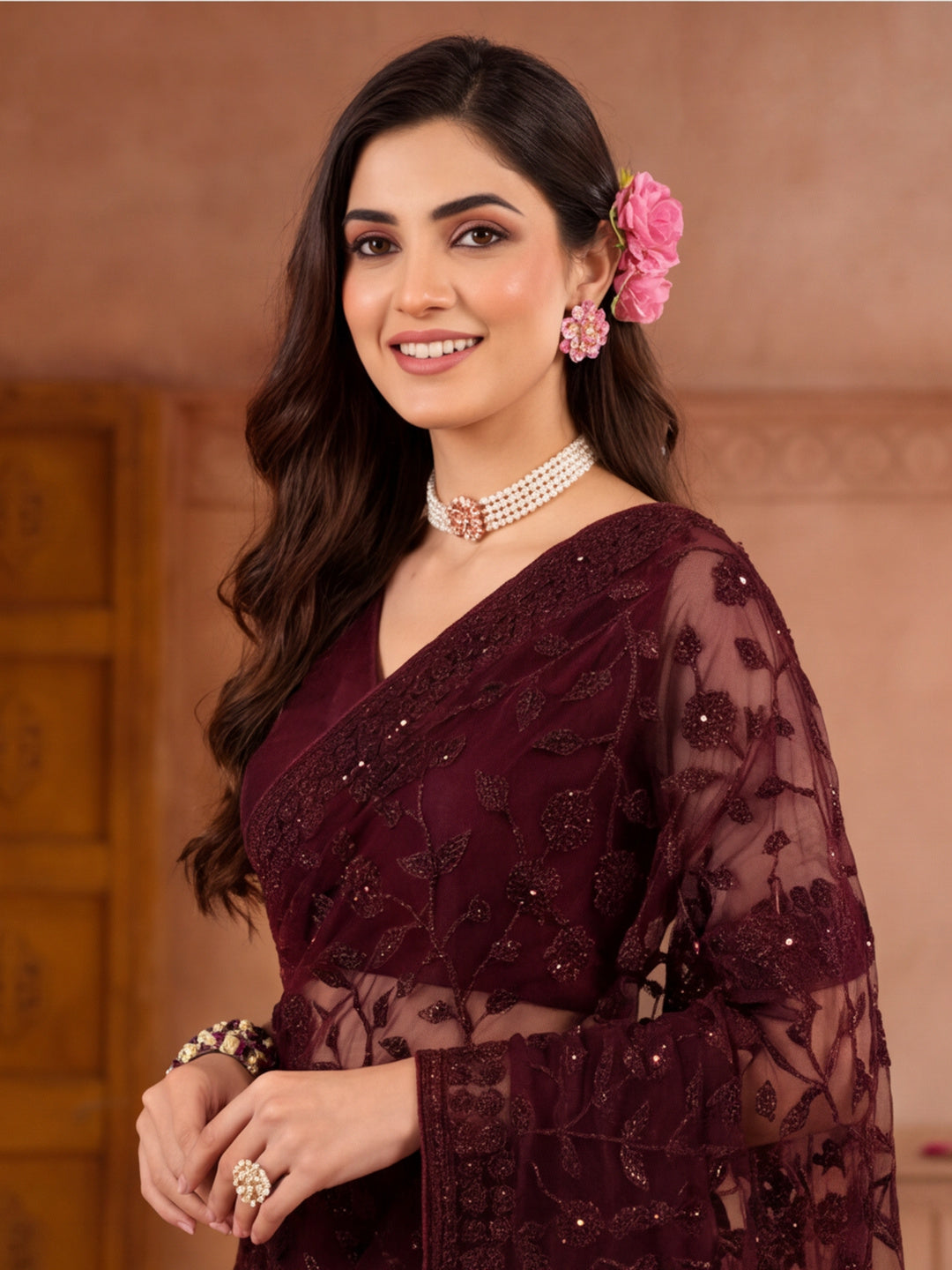 Burgundy Embroidered Work Net Saree with Floral Design