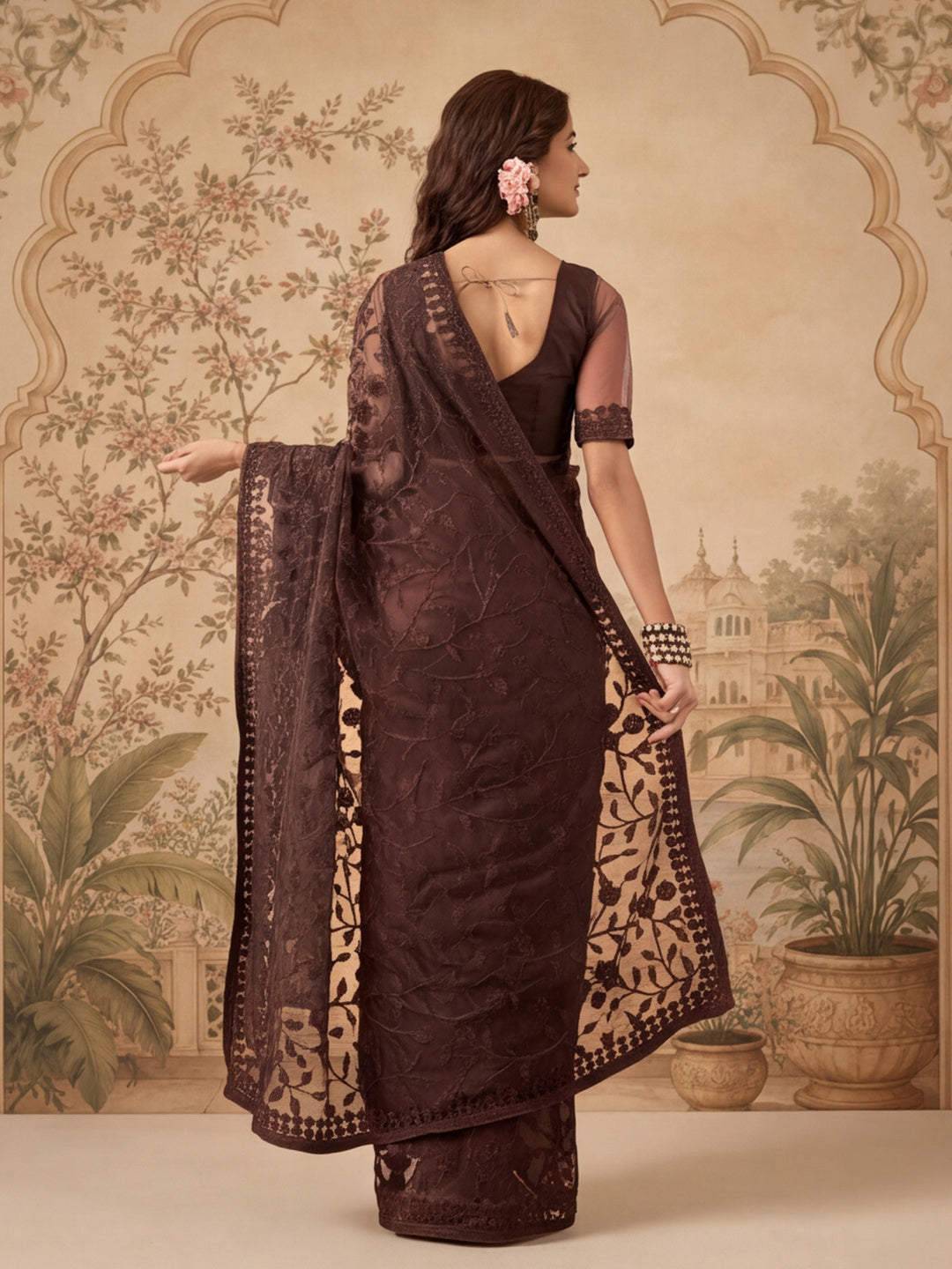 Coffee Embroidered Work Net Saree with Floral Design